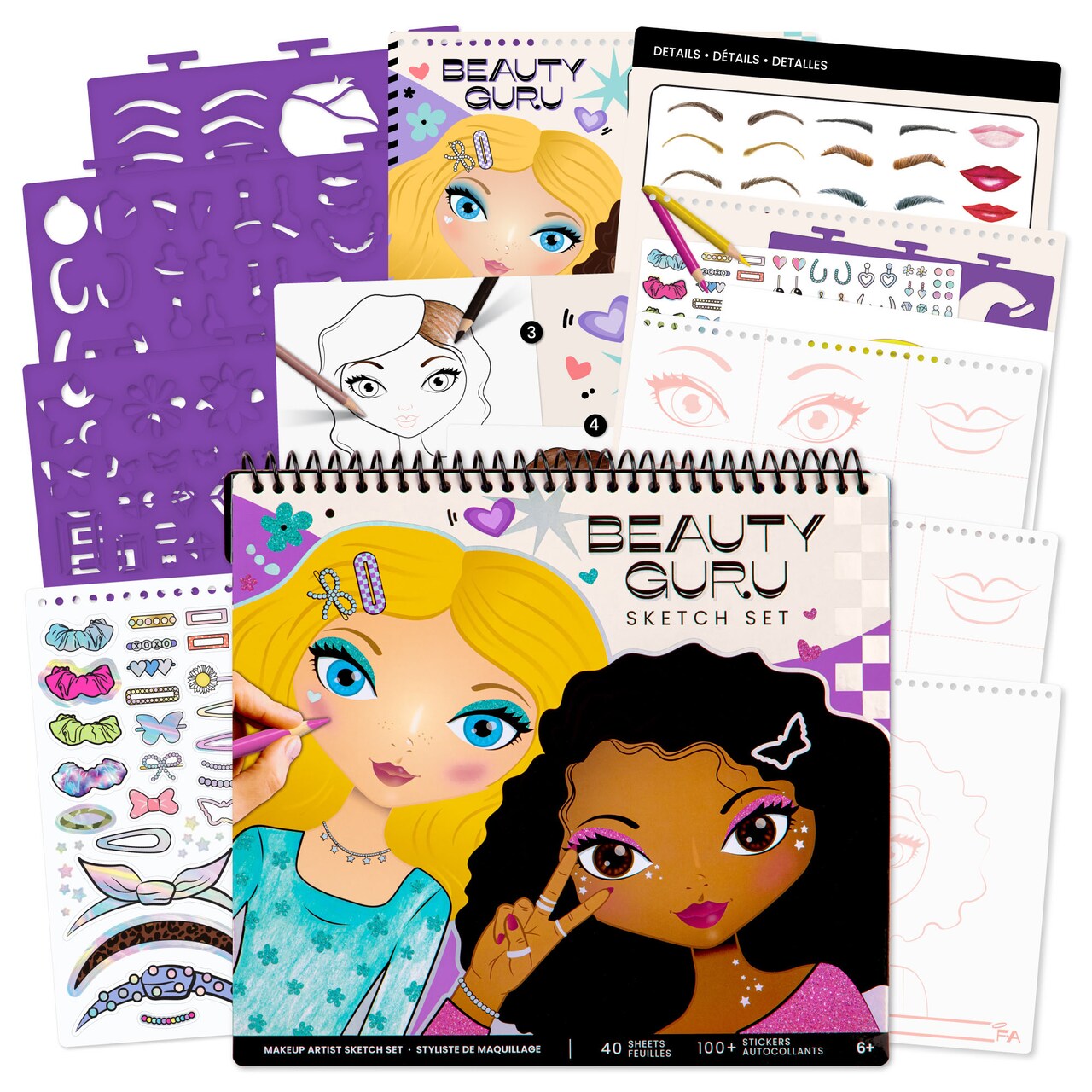 Fashion Angels: Sketch Portfolio Set - Beauty Guru Makeup Artist - Design & Hair Pad, 4 Stencil Sheets, 100+ Colorful Stickers, Girls-Tweens-Kids 6+